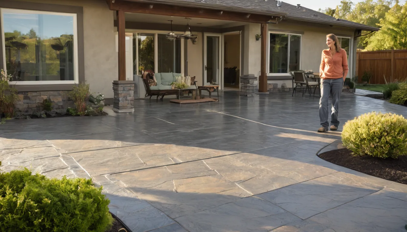 Newly finished stamped concrete patio with a slate pattern beside a stucco home in Solana Beach